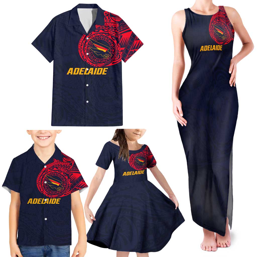 Personalized Adelaide Crows Polynesian Family Matching Tank Maxi Dress and Hawaiian Shirt Tribal Chest and Sleeve Tattoo Heritage Warrior