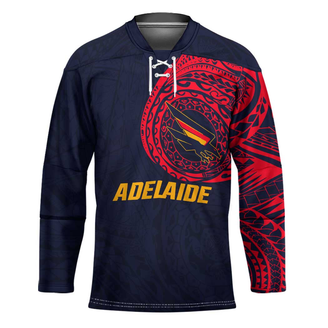 Personalized Adelaide Crows Polynesian Hockey Jersey Tribal Chest and Sleeve Tattoo Heritage Warrior