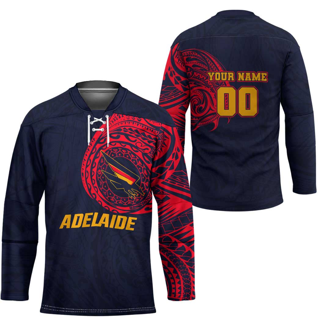 Personalized Adelaide Crows Polynesian Hockey Jersey Tribal Chest and Sleeve Tattoo Heritage Warrior