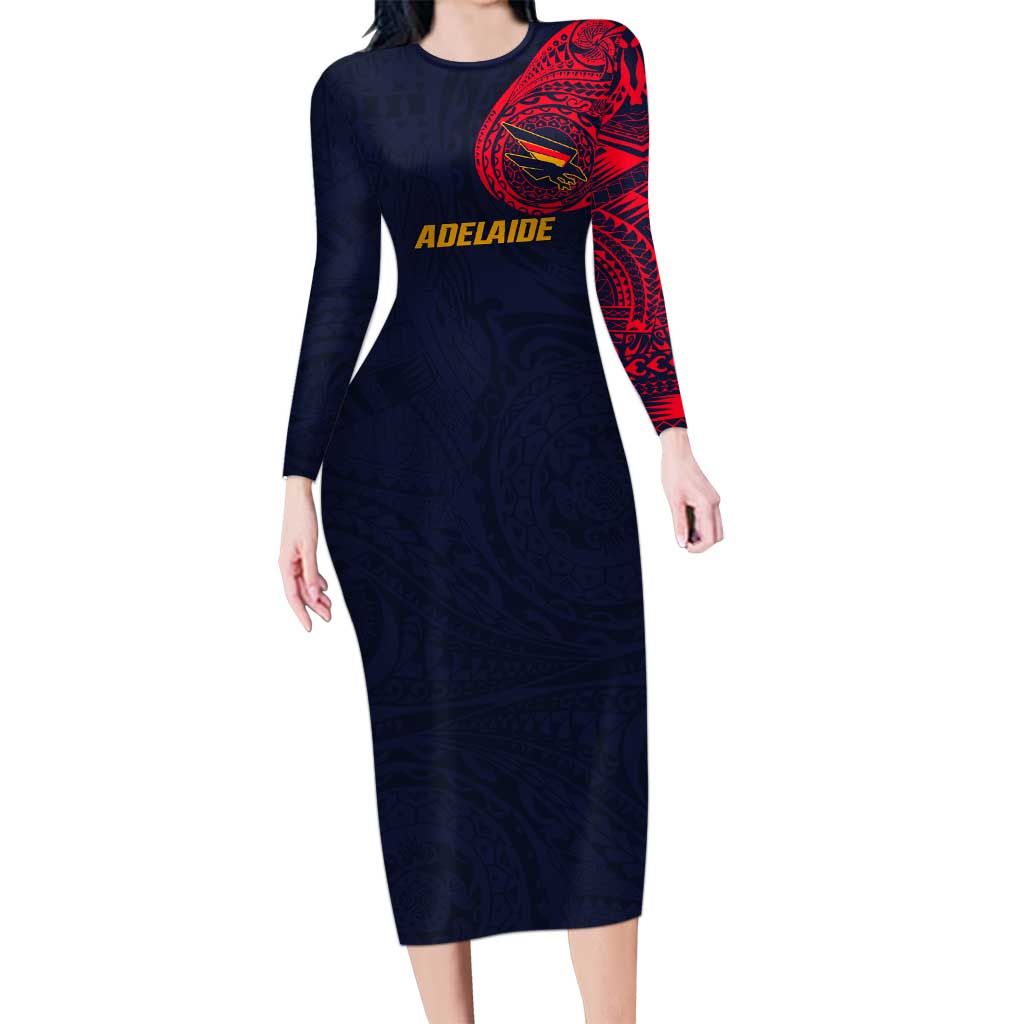Personalized Adelaide Crows Polynesian Long Sleeve Bodycon Dress Tribal Chest and Sleeve Tattoo Heritage Warrior