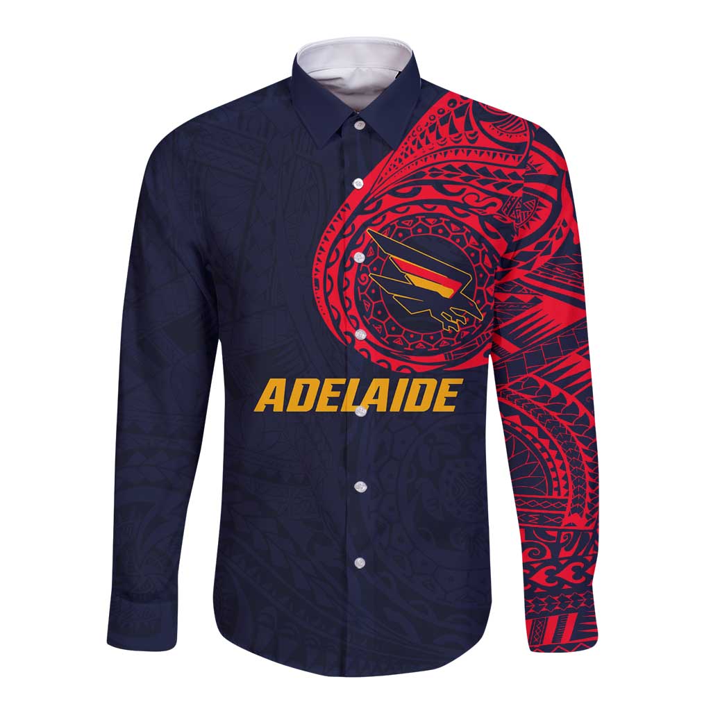 Personalized Adelaide Crows Polynesian Long Sleeve Button Shirt Tribal Chest and Sleeve Tattoo Heritage Warrior