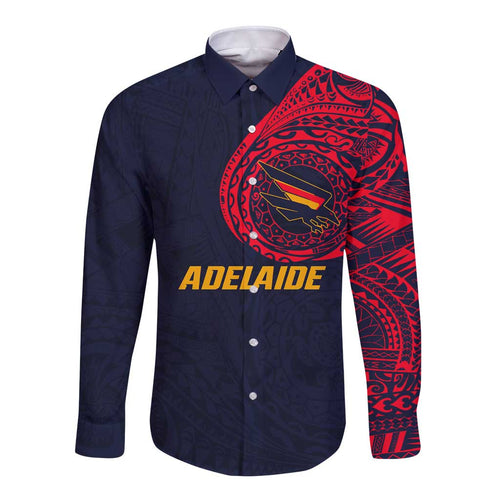 Personalized Adelaide Crows Polynesian Long Sleeve Button Shirt Tribal Chest and Sleeve Tattoo Heritage Warrior