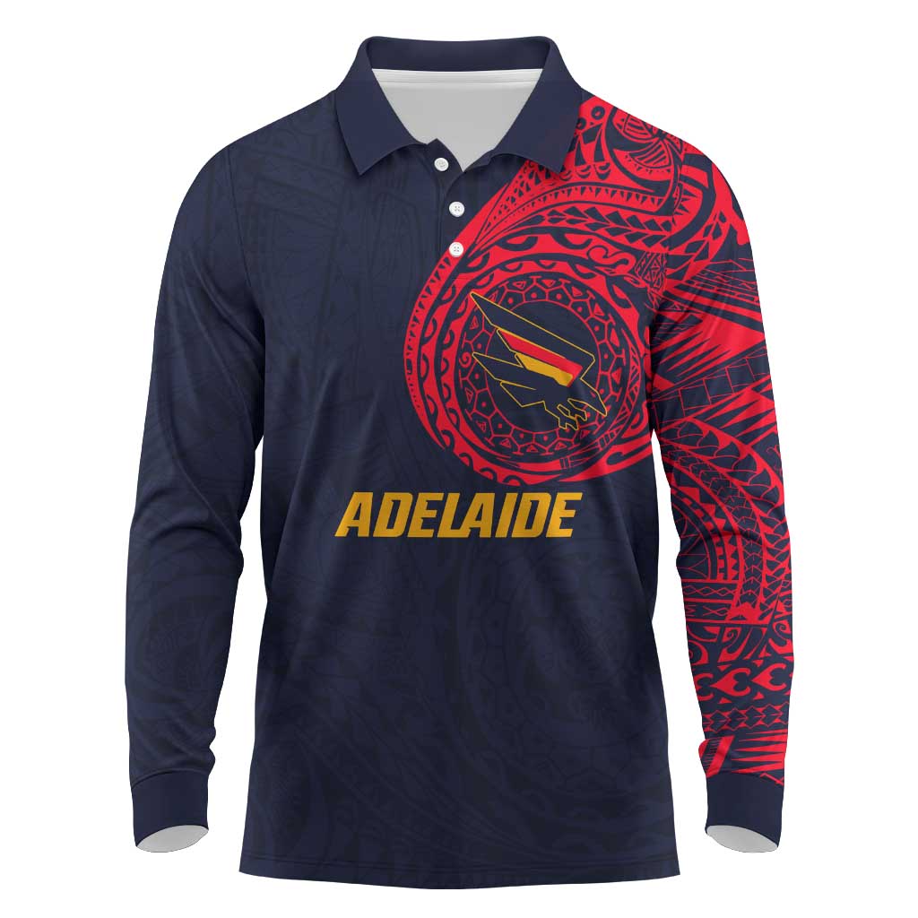 Personalized Adelaide Crows Polynesian Long Sleeve Polo Shirt Tribal Chest and Sleeve Tattoo Heritage Warrior