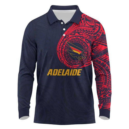 Personalized Adelaide Crows Polynesian Long Sleeve Polo Shirt Tribal Chest and Sleeve Tattoo Heritage Warrior
