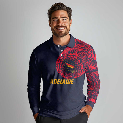 Personalized Adelaide Crows Polynesian Long Sleeve Polo Shirt Tribal Chest and Sleeve Tattoo Heritage Warrior