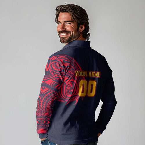 Personalized Adelaide Crows Polynesian Long Sleeve Polo Shirt Tribal Chest and Sleeve Tattoo Heritage Warrior