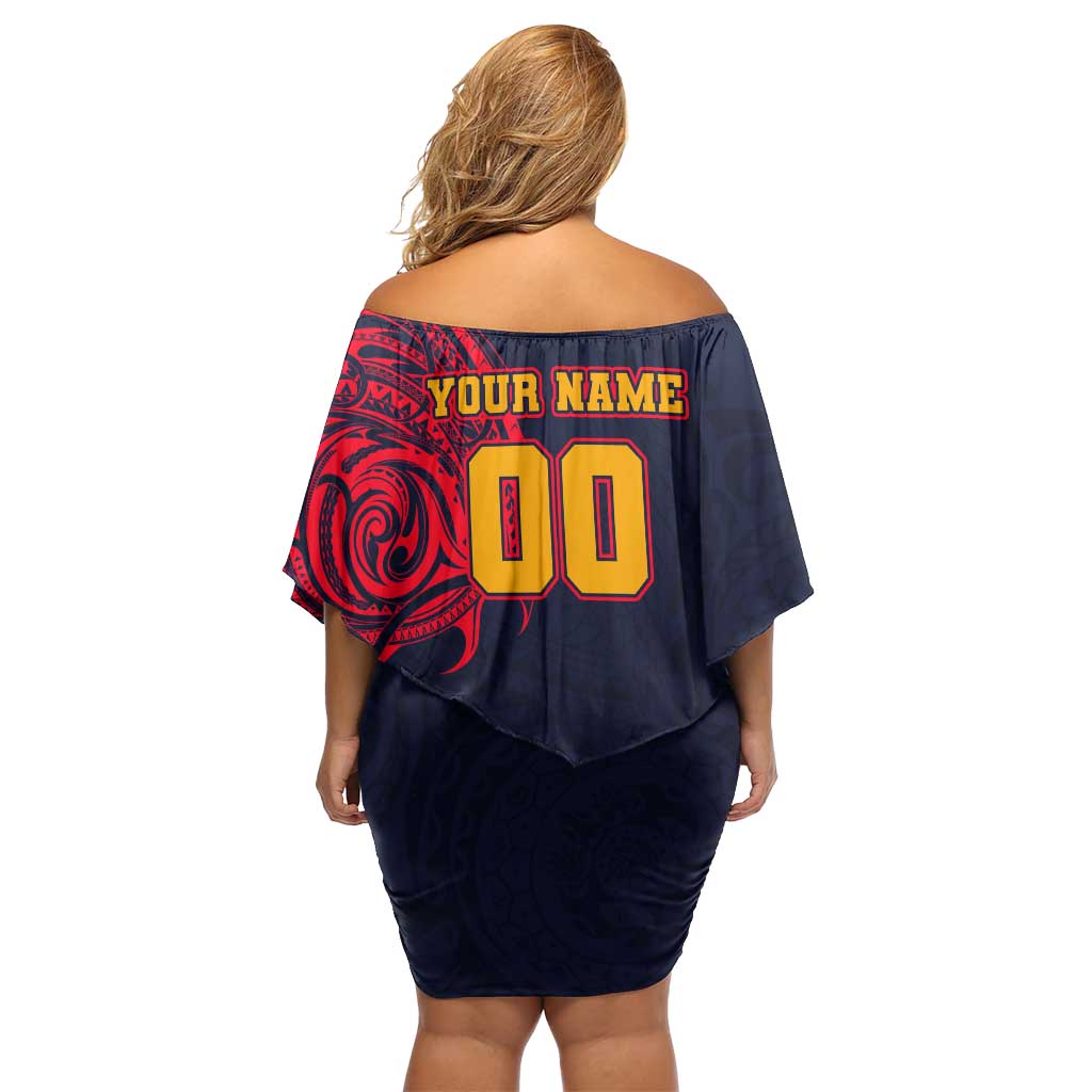 Personalized Adelaide Crows Polynesian Off Shoulder Short Dress Tribal Chest and Sleeve Tattoo Heritage Warrior