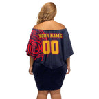 Personalized Adelaide Crows Polynesian Off Shoulder Short Dress Tribal Chest and Sleeve Tattoo Heritage Warrior