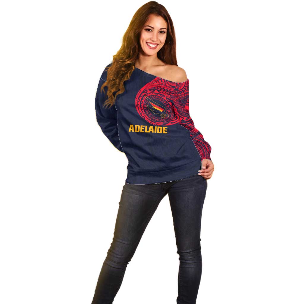 Personalized Adelaide Crows Polynesian Off Shoulder Sweater Tribal Chest and Sleeve Tattoo Heritage Warrior