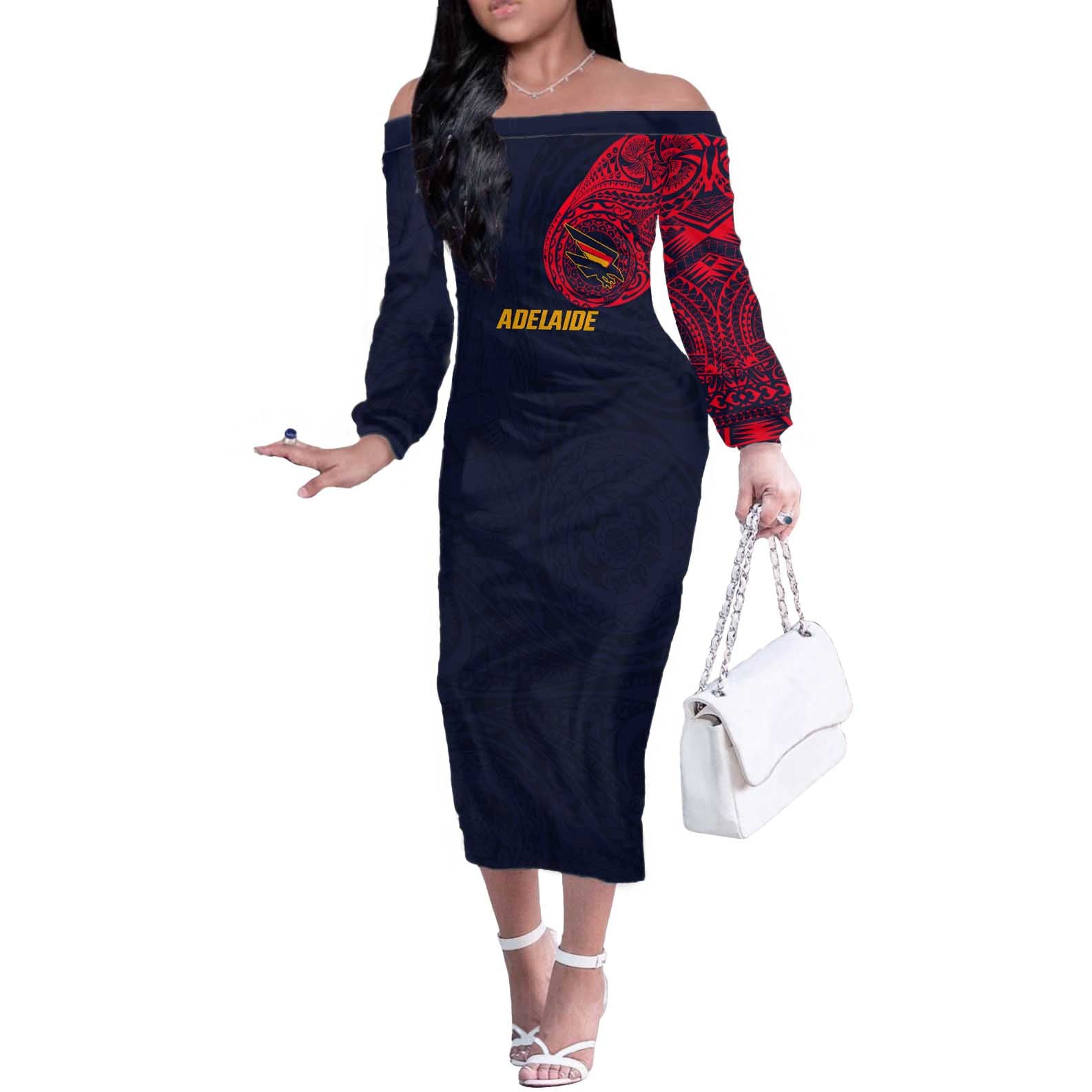 Personalized Adelaide Crows Polynesian Off The Shoulder Long Sleeve Dress Tribal Chest and Sleeve Tattoo Heritage Warrior