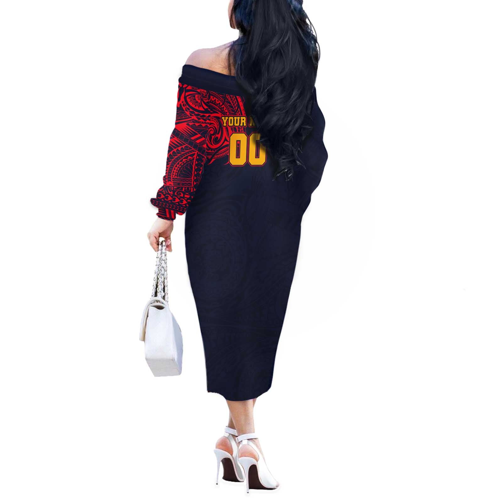 Personalized Adelaide Crows Polynesian Off The Shoulder Long Sleeve Dress Tribal Chest and Sleeve Tattoo Heritage Warrior