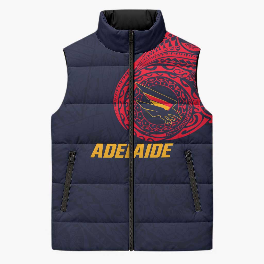 Personalized Adelaide Crows Polynesian Sleeveless Puffer Jacket Tribal Chest and Sleeve Tattoo Heritage Warrior