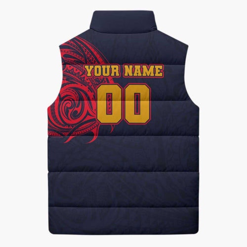 Personalized Adelaide Crows Polynesian Sleeveless Puffer Jacket Tribal Chest and Sleeve Tattoo Heritage Warrior