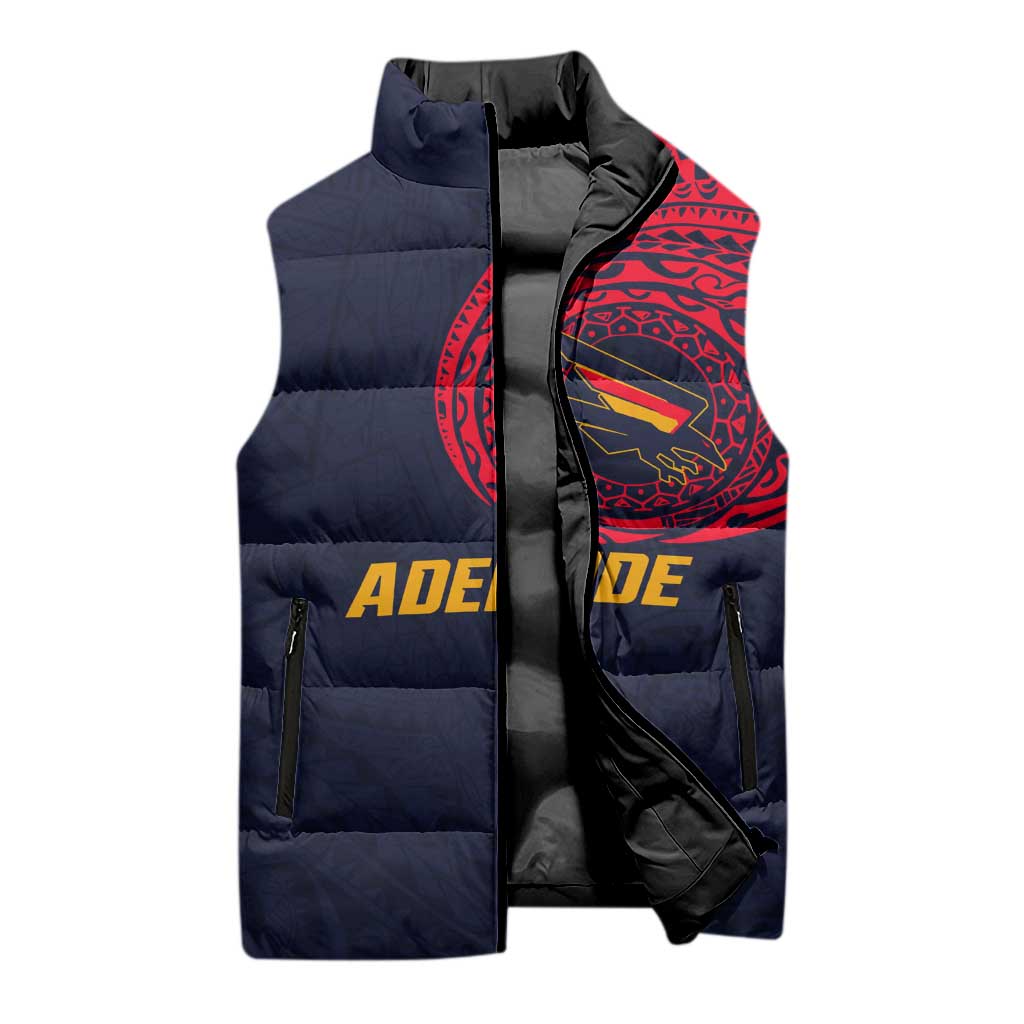 Personalized Adelaide Crows Polynesian Sleeveless Puffer Jacket Tribal Chest and Sleeve Tattoo Heritage Warrior