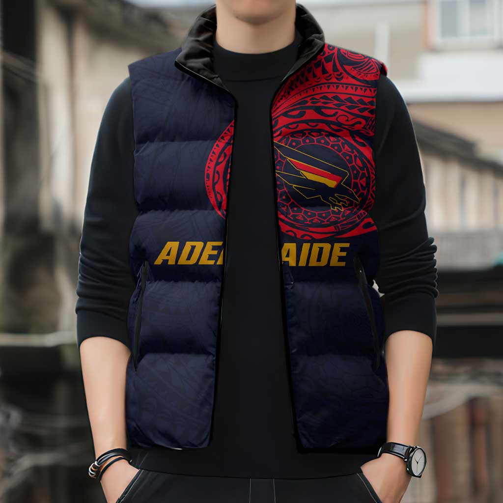 Personalized Adelaide Crows Polynesian Sleeveless Puffer Jacket Tribal Chest and Sleeve Tattoo Heritage Warrior