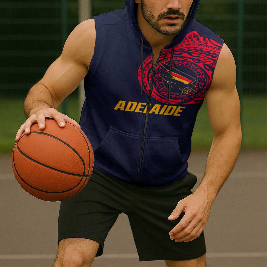 Personalized Adelaide Crows Polynesian Sleeveless Zip Hoodie Tribal Chest and Sleeve Tattoo Heritage Warrior