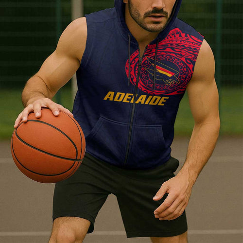 Personalized Adelaide Crows Polynesian Sleeveless Zip Hoodie Tribal Chest and Sleeve Tattoo Heritage Warrior