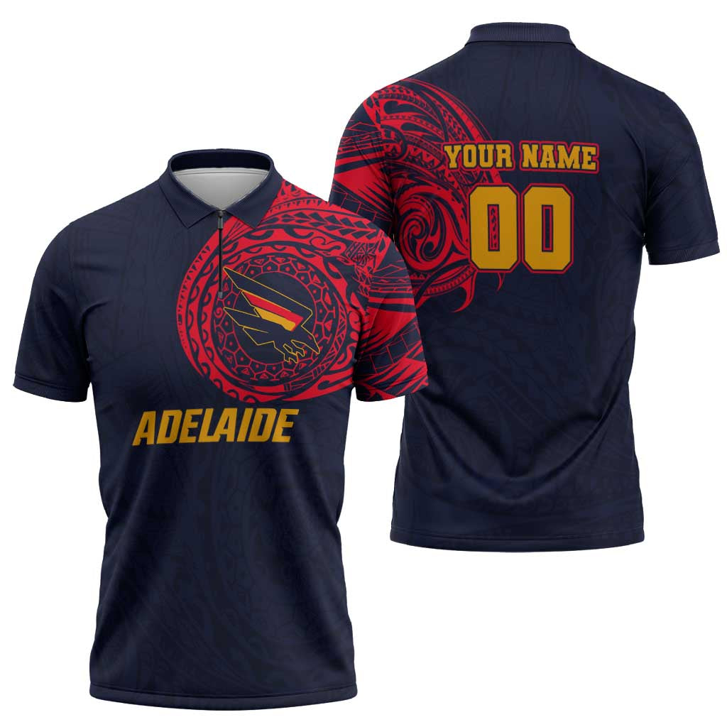 Personalized Adelaide Crows Polynesian Zipper Polo Shirt Tribal Chest and Sleeve Tattoo Heritage Warrior