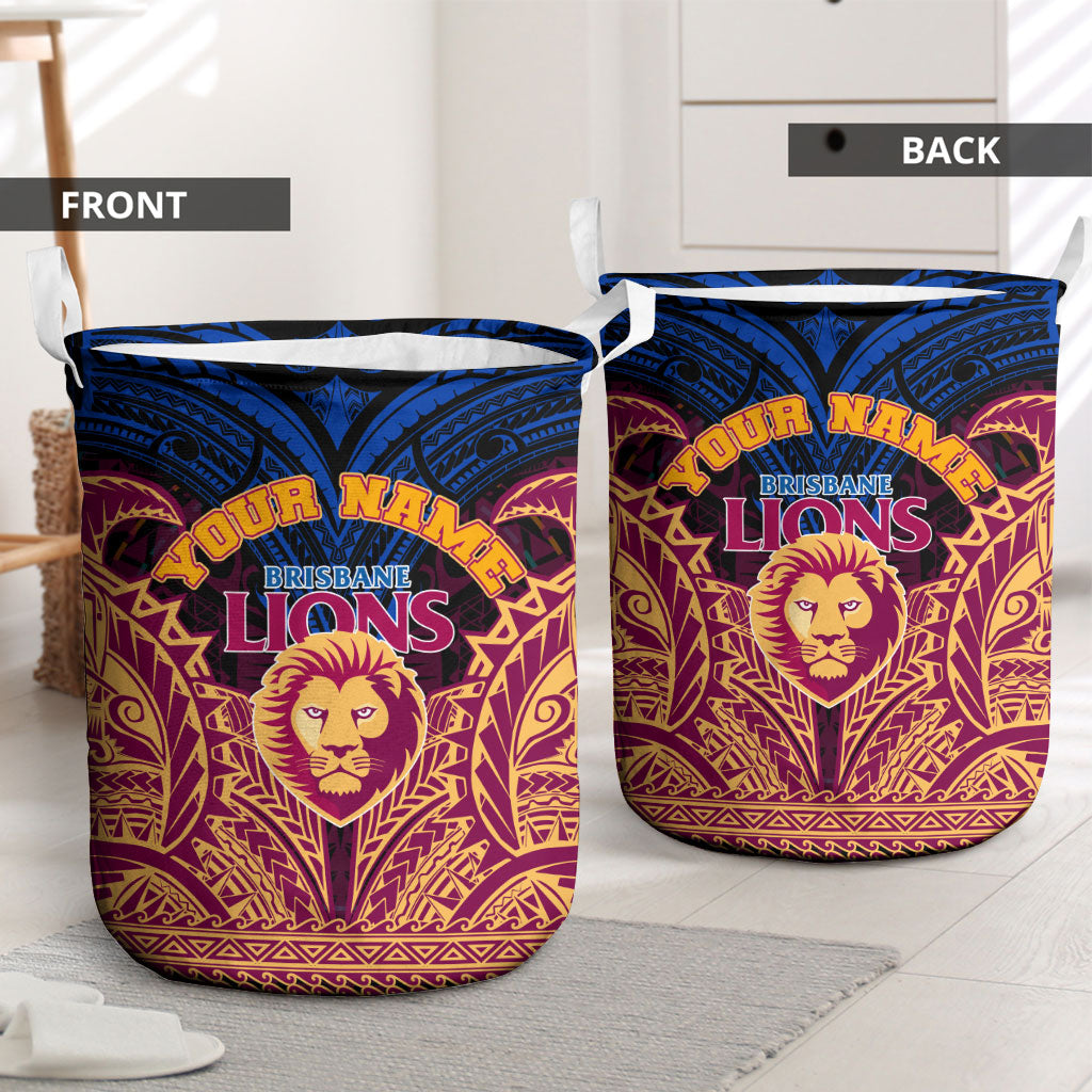 Personalized Brisbane Lions Laundry Basket Polynesian Tribal Lion Burgundy Gold Warrior