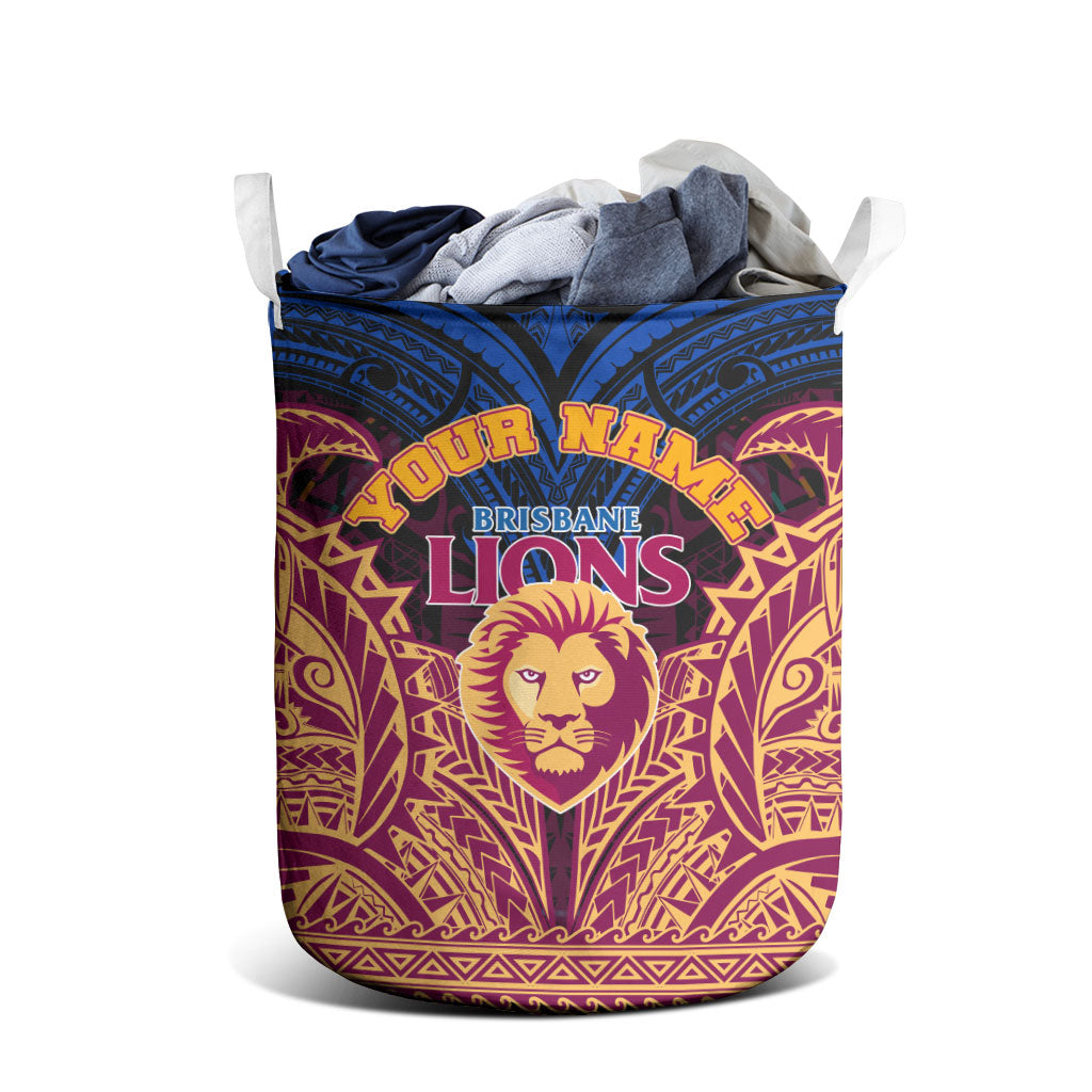 Personalized Brisbane Lions Laundry Basket Polynesian Tribal Lion Burgundy Gold Warrior