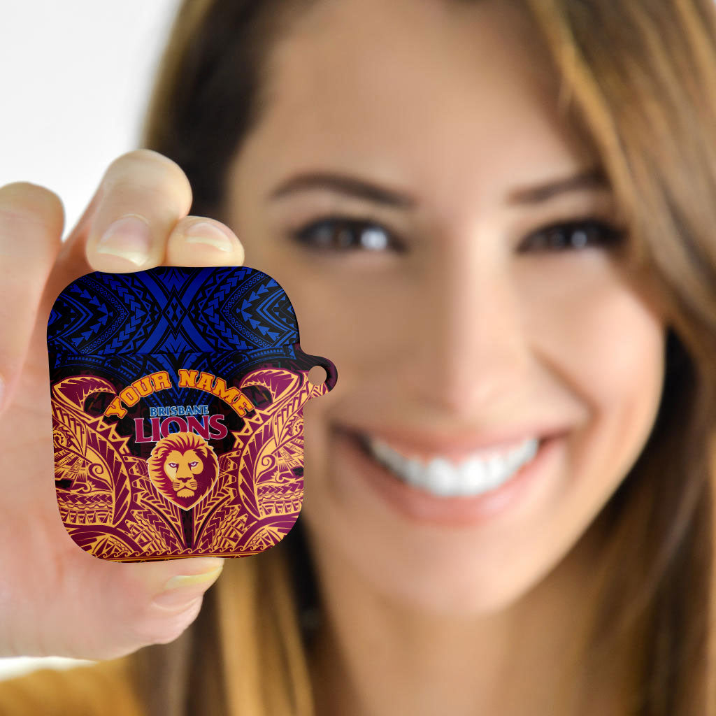 Personalized Brisbane Lions AirPods Case Polynesian Tribal Lion Burgundy Gold Warrior