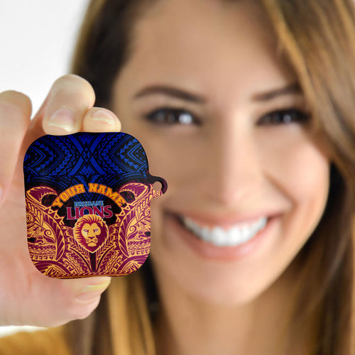 Personalized Brisbane Lions AirPods Case Polynesian Tribal Lion Burgundy Gold Warrior