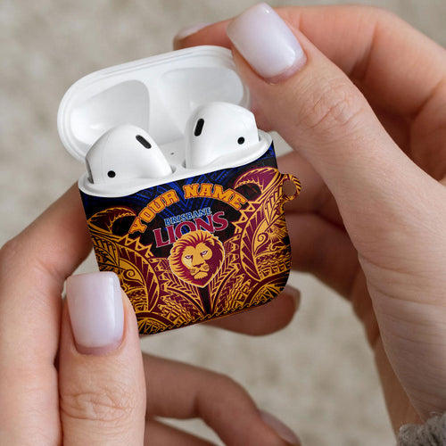 Personalized Brisbane Lions AirPods Case Polynesian Tribal Lion Burgundy Gold Warrior