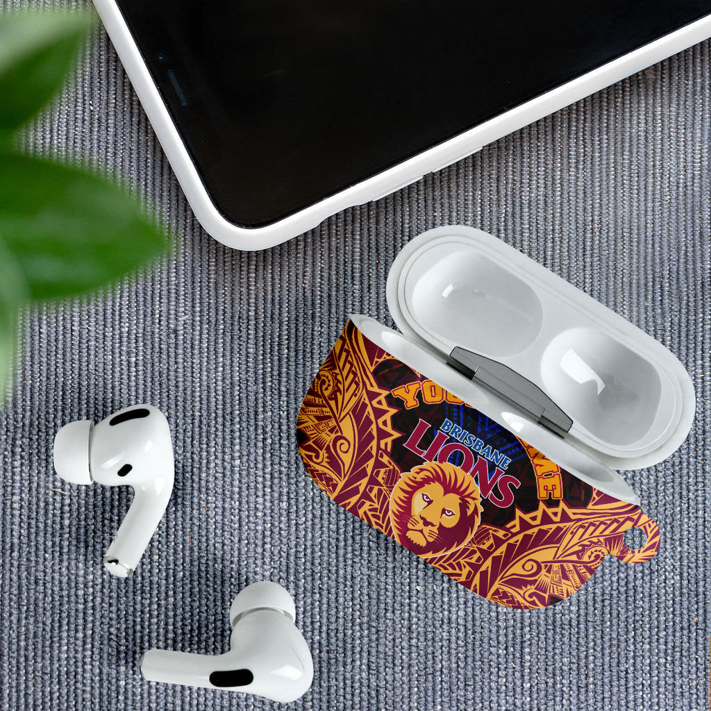 Personalized Brisbane Lions AirPods Case Polynesian Tribal Lion Burgundy Gold Warrior