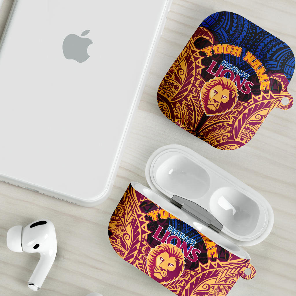 Personalized Brisbane Lions AirPods Case Polynesian Tribal Lion Burgundy Gold Warrior