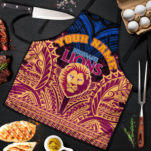 Personalized Brisbane Lions Apron Polynesian Tribal Lion Burgundy Gold Warrior