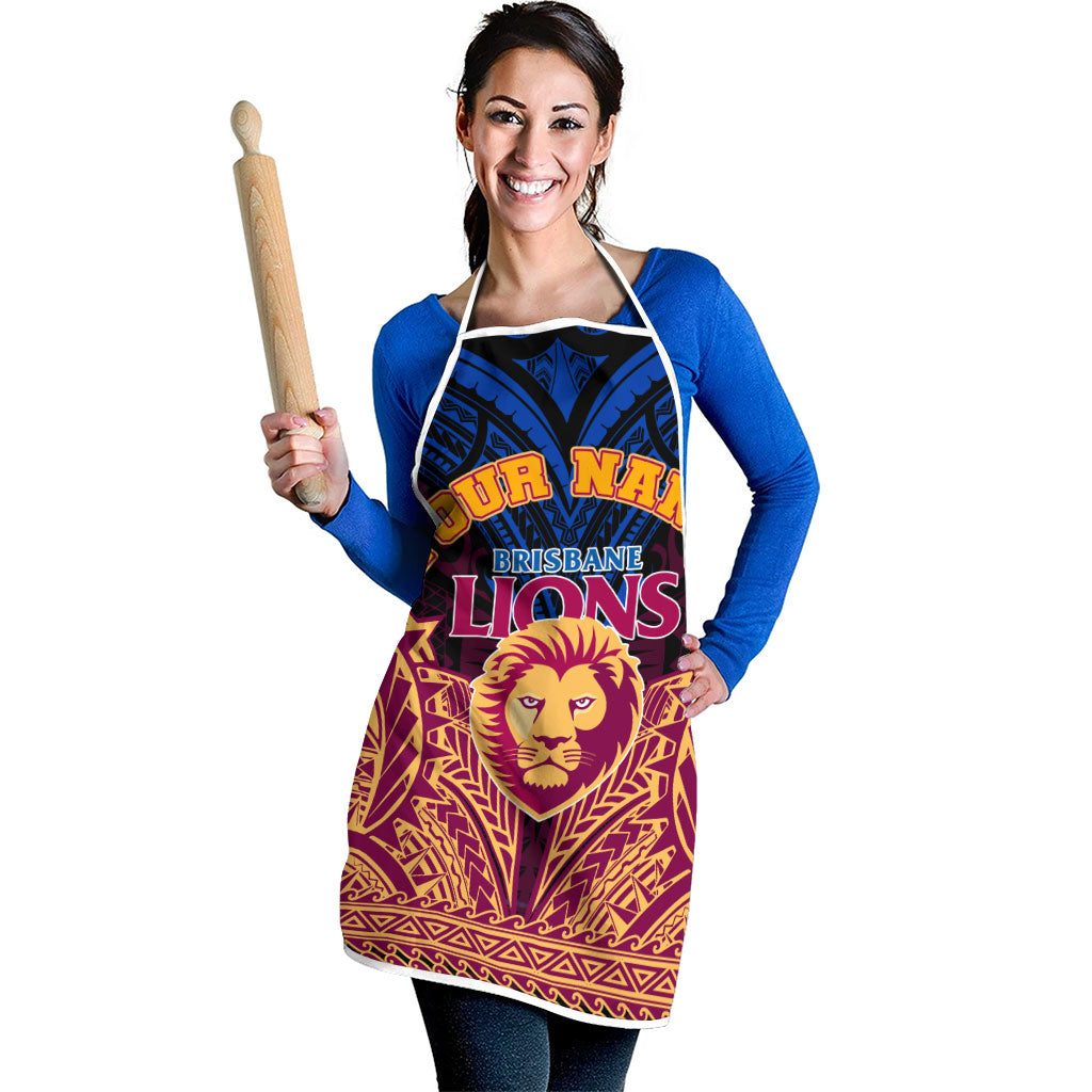 Personalized Brisbane Lions Apron Polynesian Tribal Lion Burgundy Gold Warrior