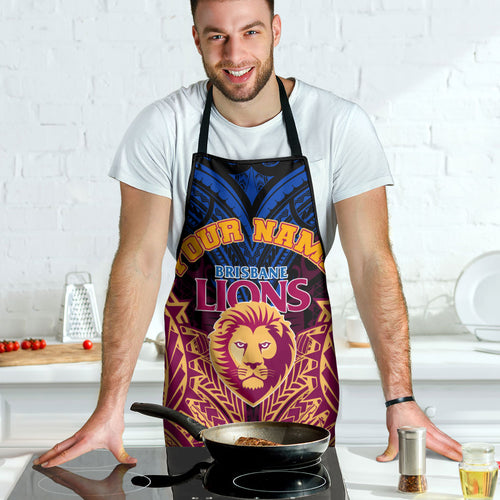 Personalized Brisbane Lions Apron Polynesian Tribal Lion Burgundy Gold Warrior