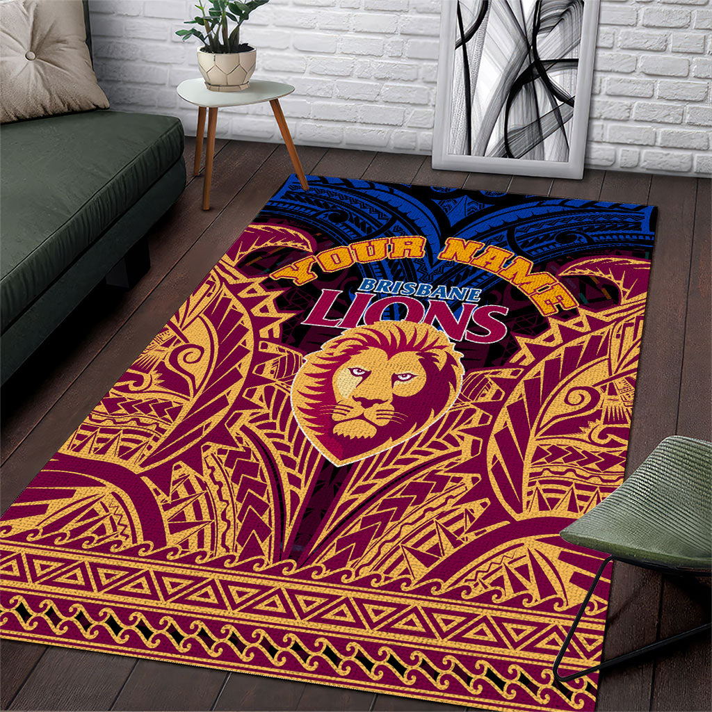 Personalized Brisbane Lions Area Rug Polynesian Tribal Lion Burgundy Gold Warrior