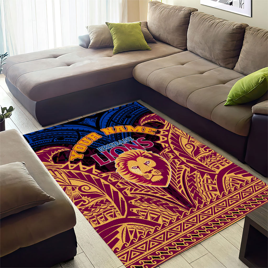 Personalized Brisbane Lions Area Rug Polynesian Tribal Lion Burgundy Gold Warrior