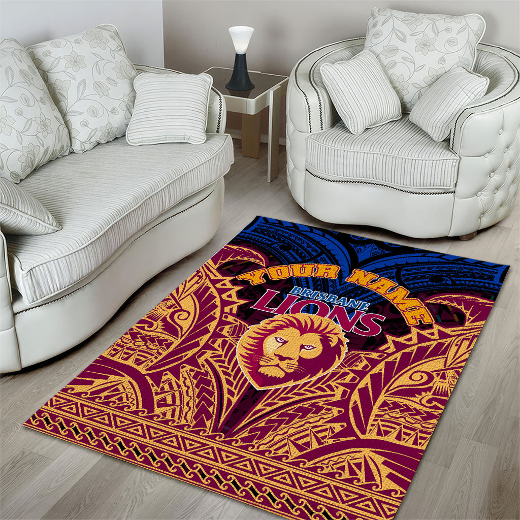 Personalized Brisbane Lions Area Rug Polynesian Tribal Lion Burgundy Gold Warrior