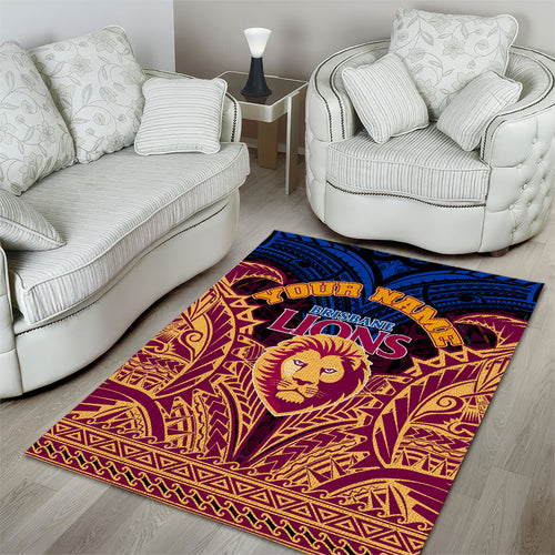 Personalized Brisbane Lions Area Rug Polynesian Tribal Lion Burgundy Gold Warrior