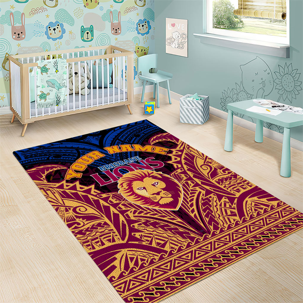 Personalized Brisbane Lions Area Rug Polynesian Tribal Lion Burgundy Gold Warrior