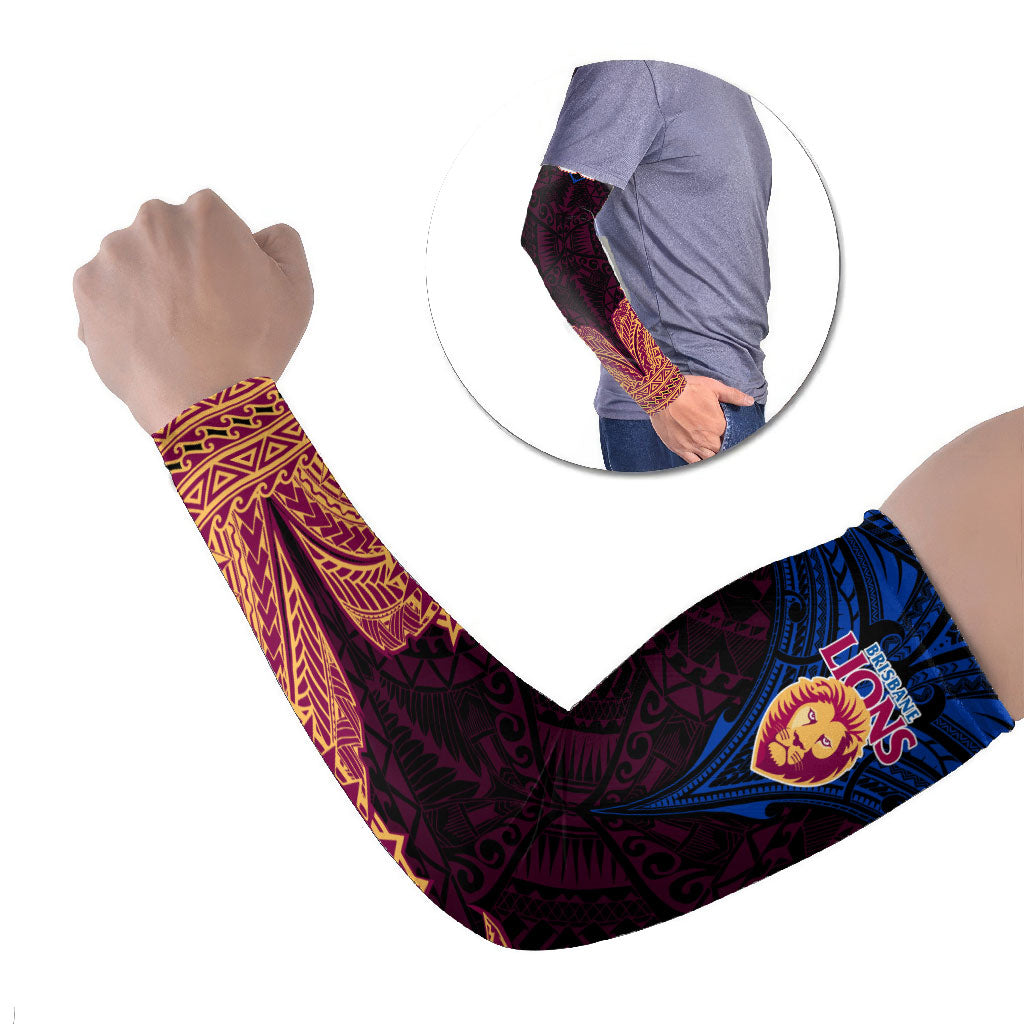 Personalized Brisbane Lions Arm Sleeves Polynesian Tribal Lion Burgundy Gold Warrior