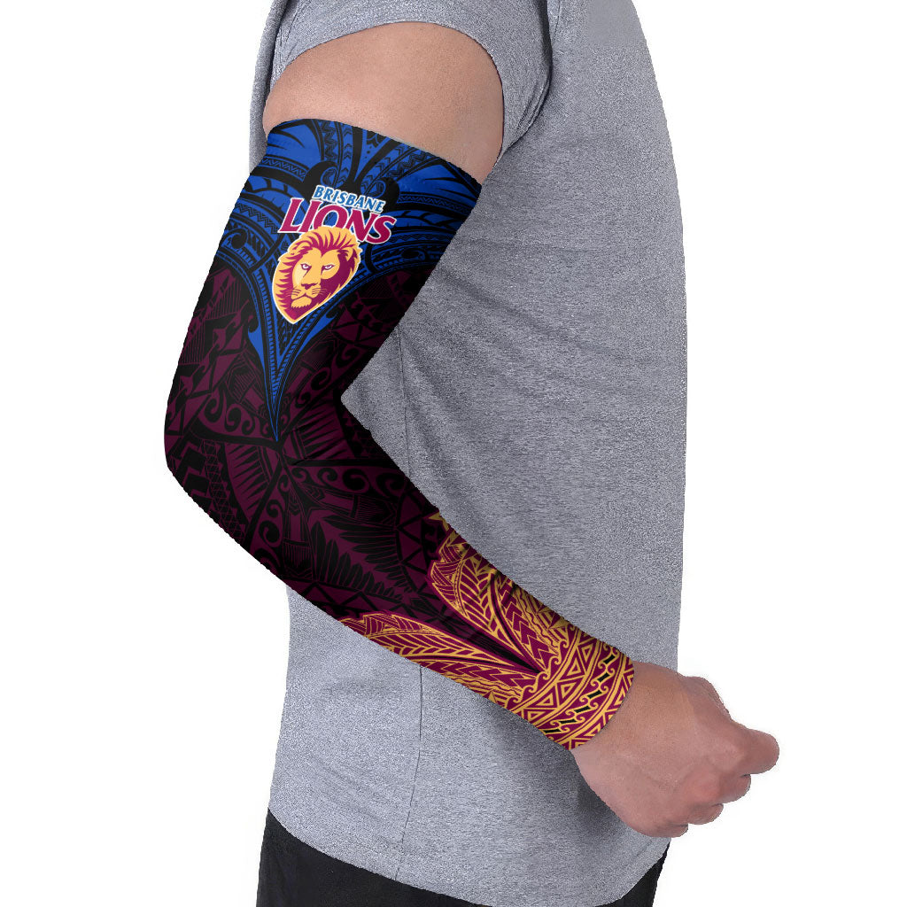 Personalized Brisbane Lions Arm Sleeves Polynesian Tribal Lion Burgundy Gold Warrior