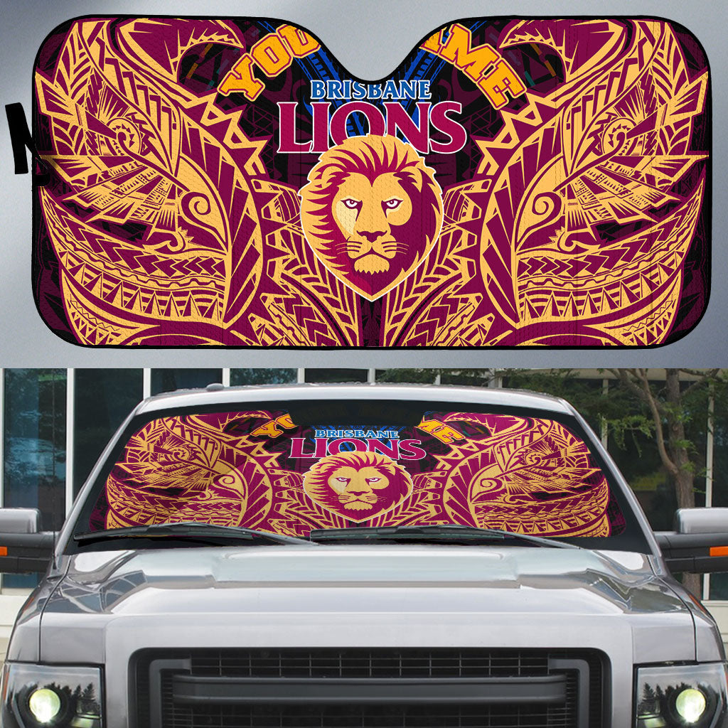 Personalized Brisbane Lions Auto Sun Shade Polynesian Tribal Lion Burgundy Gold Warrior