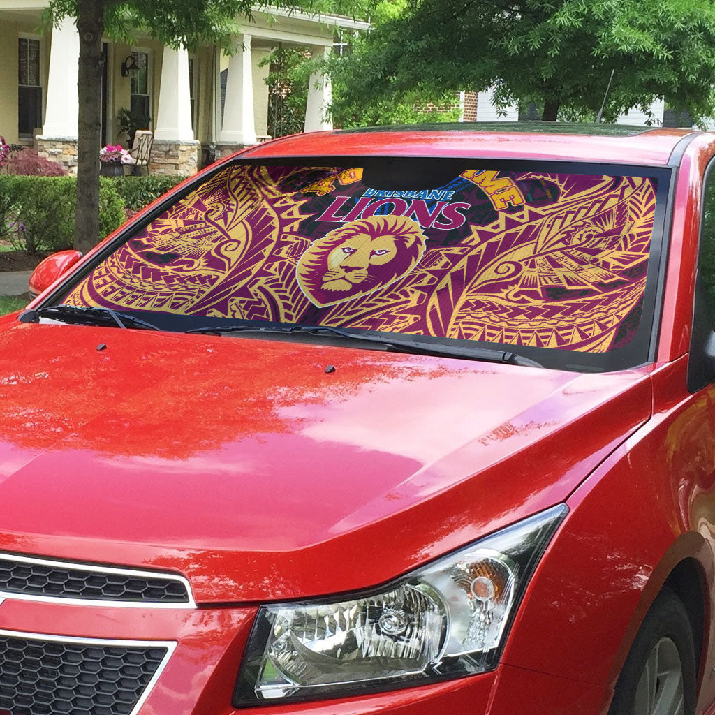 Personalized Brisbane Lions Auto Sun Shade Polynesian Tribal Lion Burgundy Gold Warrior