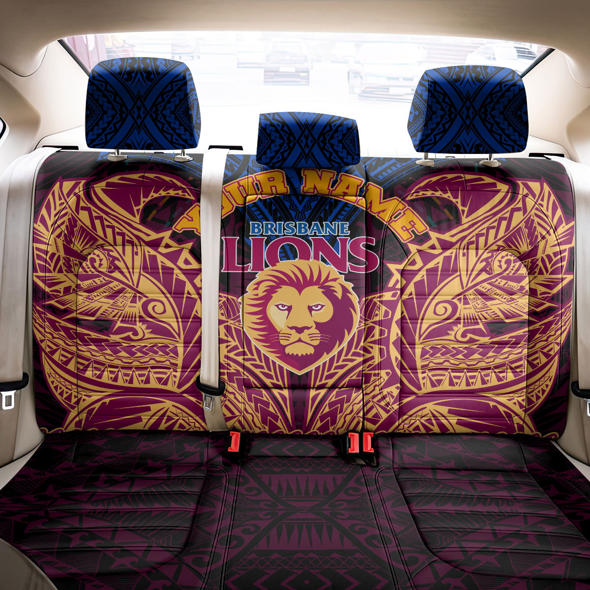 Personalized Brisbane Lions Back Car Seat Cover Polynesian Tribal Lion Burgundy Gold Warrior