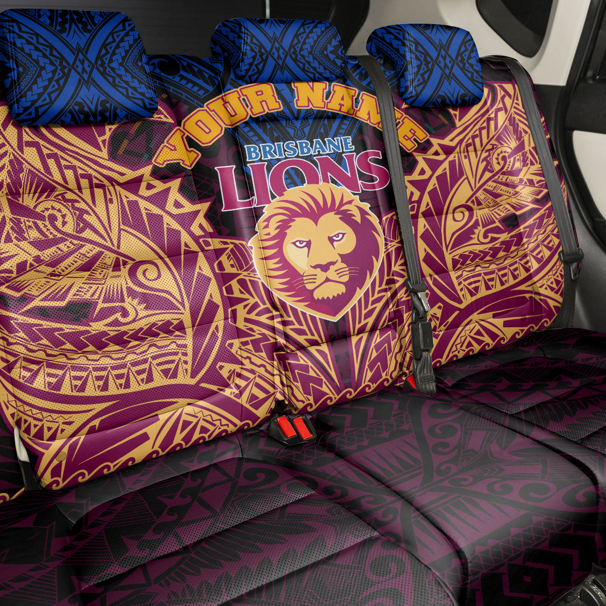 Personalized Brisbane Lions Back Car Seat Cover Polynesian Tribal Lion Burgundy Gold Warrior