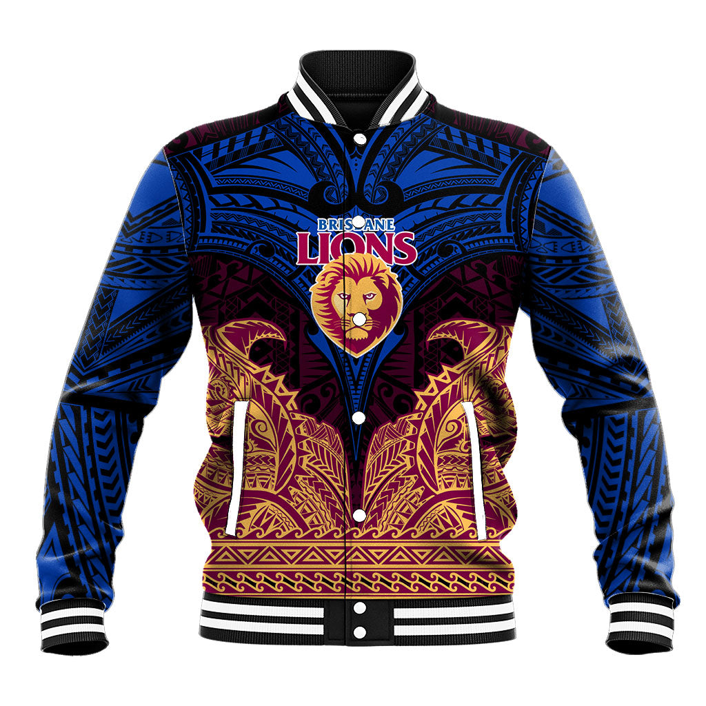 Personalized Brisbane Lions Baseball Jacket Polynesian Tribal Lion Burgundy Gold Warrior