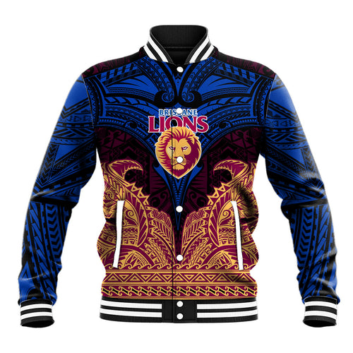Personalized Brisbane Lions Baseball Jacket Polynesian Tribal Lion Burgundy Gold Warrior