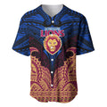 Personalized Brisbane Lions Baseball Jersey Polynesian Tribal Lion Burgundy Gold Warrior