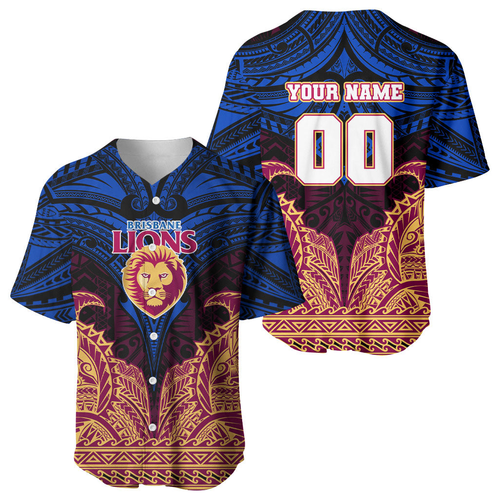 Personalized Brisbane Lions Baseball Jersey Polynesian Tribal Lion Burgundy Gold Warrior