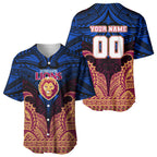 Personalized Brisbane Lions Baseball Jersey Polynesian Tribal Lion Burgundy Gold Warrior