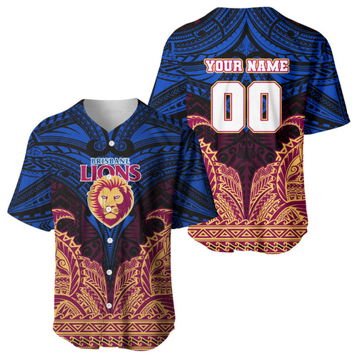 Personalized Brisbane Lions Baseball Jersey Polynesian Tribal Lion Burgundy Gold Warrior