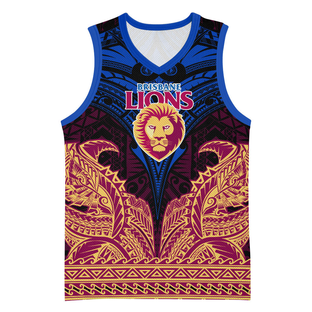 Personalized Brisbane Lions Basketball Jersey Polynesian Tribal Lion Burgundy Gold Warrior